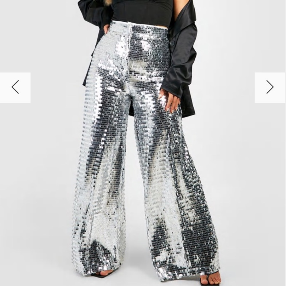 BOOHOO VINTAGE STYLE SILVER EXTRA WIDE LEG SEQUIN METALLIC EMBELLISHED PANTS 18